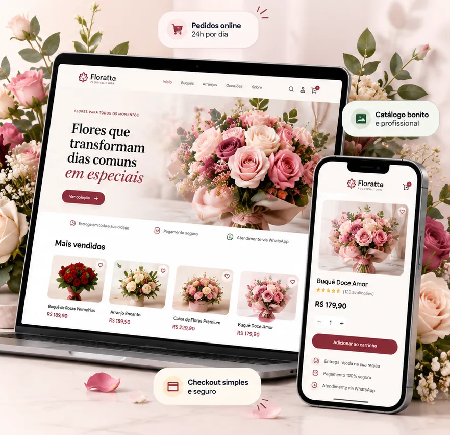 Loja de floricultura no notebook e no celular, com buquês em destaque, carrinho e botão de comprar.